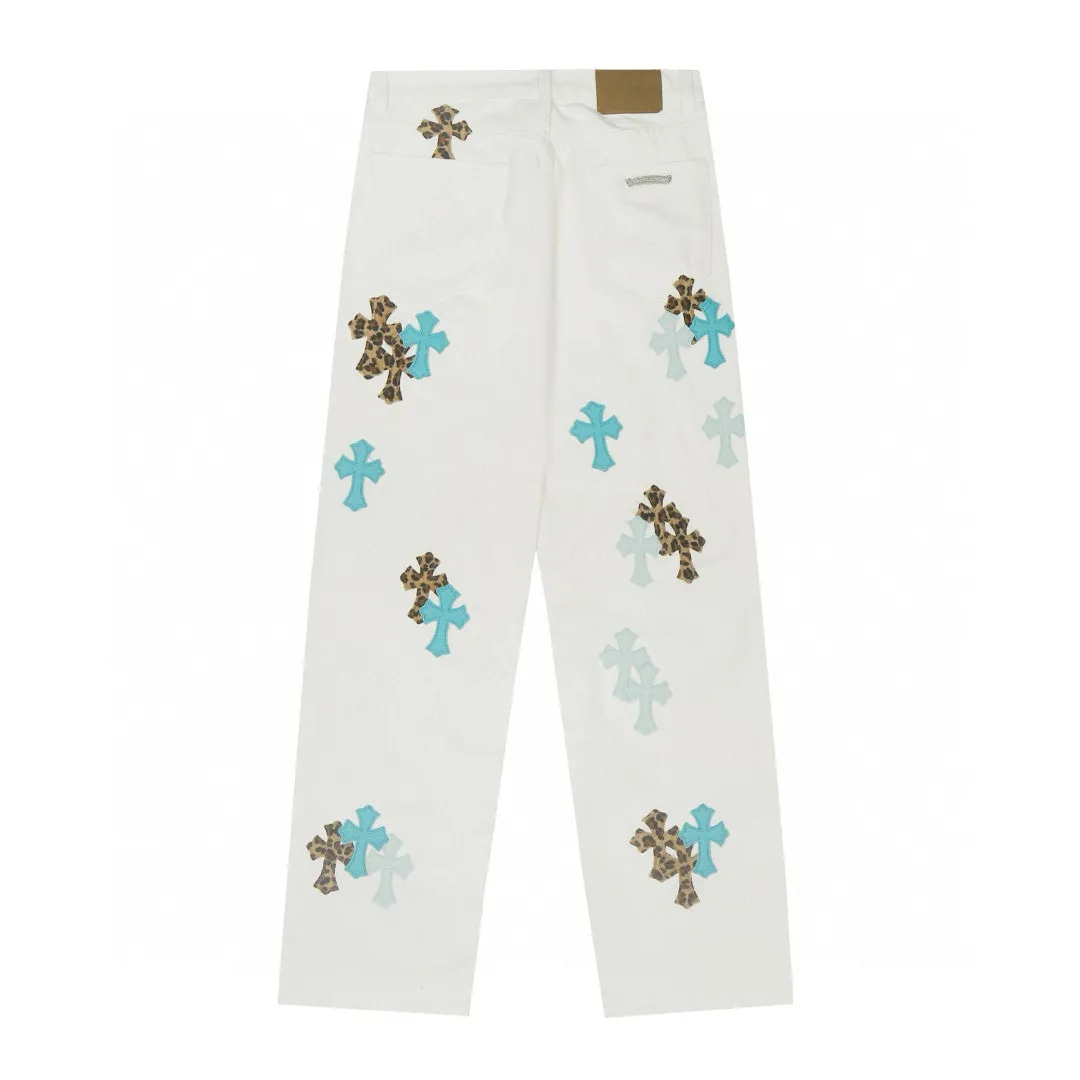 P260 💰 (Top version) Chrome Hearts/Chrome Hearts Classic daytime blue cow series colored leather cross washed color fabric unisex denim trousers Vibe style straight stacked god-level version Carbon fine bias denim color cloth Old vintage complete set of hardware - Chrome Hearts white cow series The high version uses high-ounce custom fabrics, fermentation washing and soft color fixation, soft and thick to wear, the details are all made by hand-polished craftsmanship, all-over printed jacquard fabric Unique design style. Through multiple processes to create a full retro feel. Unique niche non-contrast shirt. Customized distressed spray-painted buttons. Craftsmanship in every detail. Color: blue leather leopard print. Size: 28-30-32-34 (corresponding to S-M-L-XL)